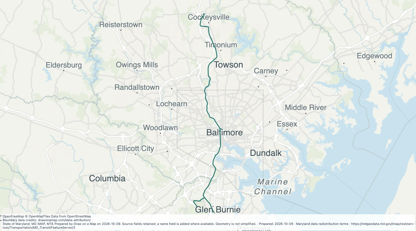 Map preview: Light Rail Line in the Maryland transit source collection