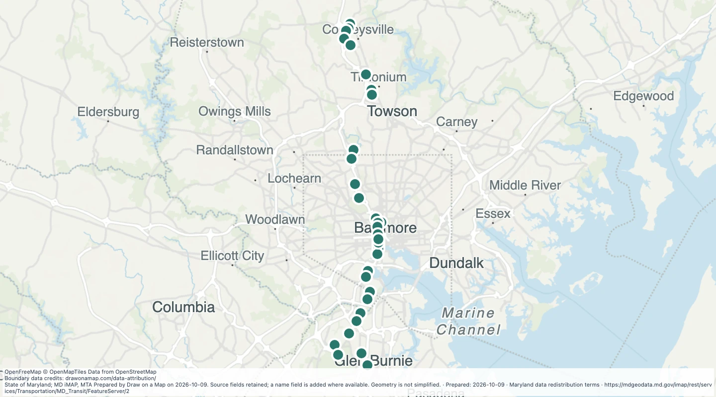 Map preview: Light RailLink Stations in the Maryland transit source collection