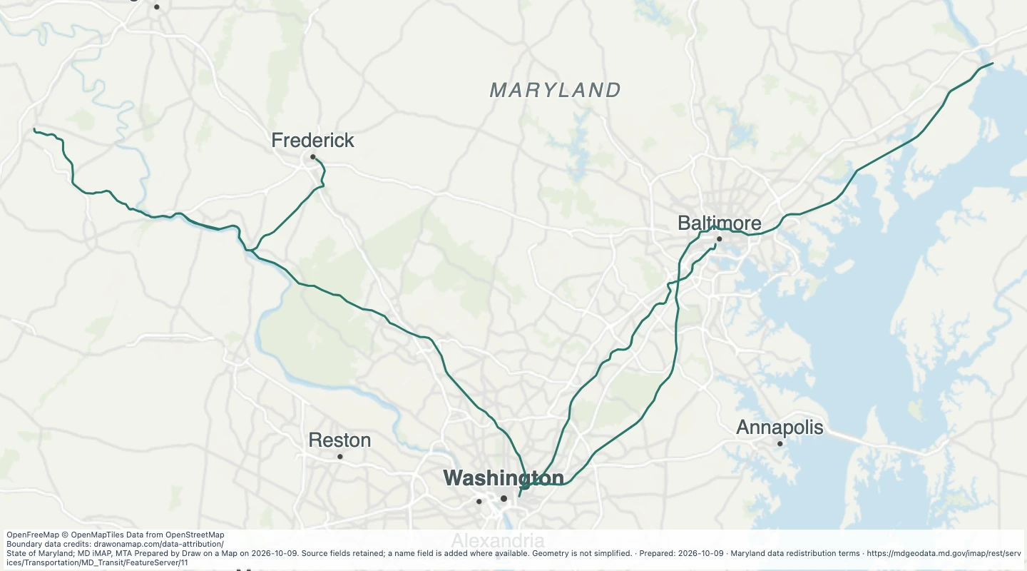 Map preview: MARC Train Lines in the Maryland transit source collection