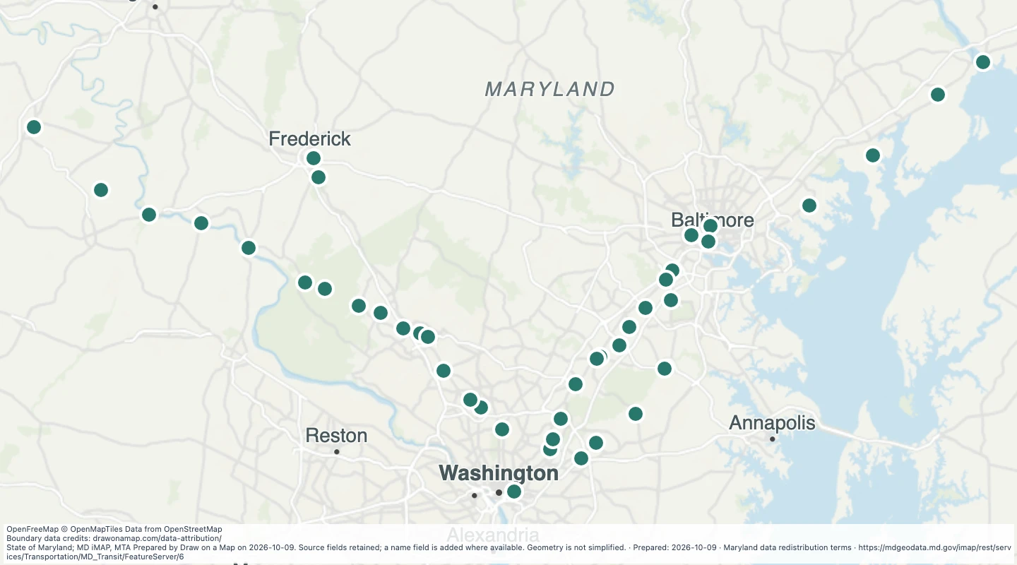 Map preview: MARC Trains Stations in the Maryland transit source collection