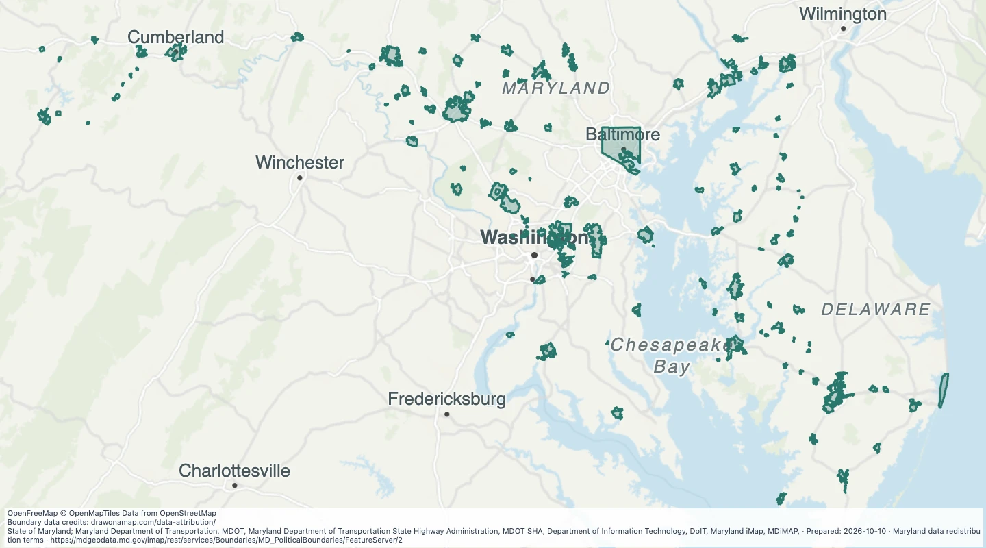 Map preview: Maryland municipal boundaries, simplified