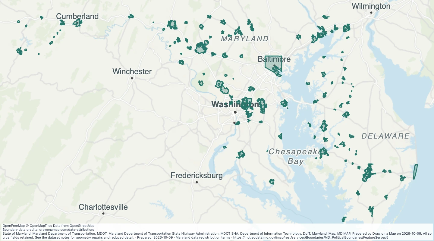 Map preview: Maryland Political Boundaries - County Boundaries: Municipal Boundaries - Detailed