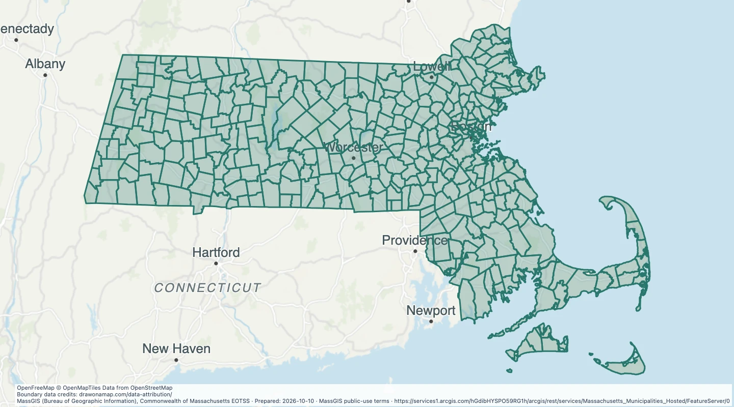 Map preview: Massachusetts municipal boundaries, simplified coast