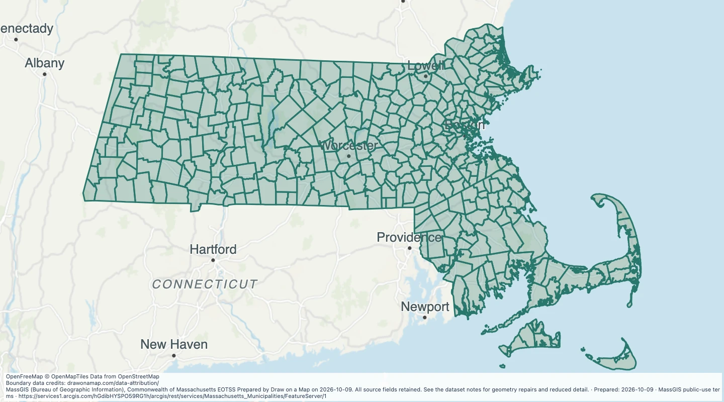 Map preview: Massachusetts Municipalities: Massachusetts Municipalities Areas