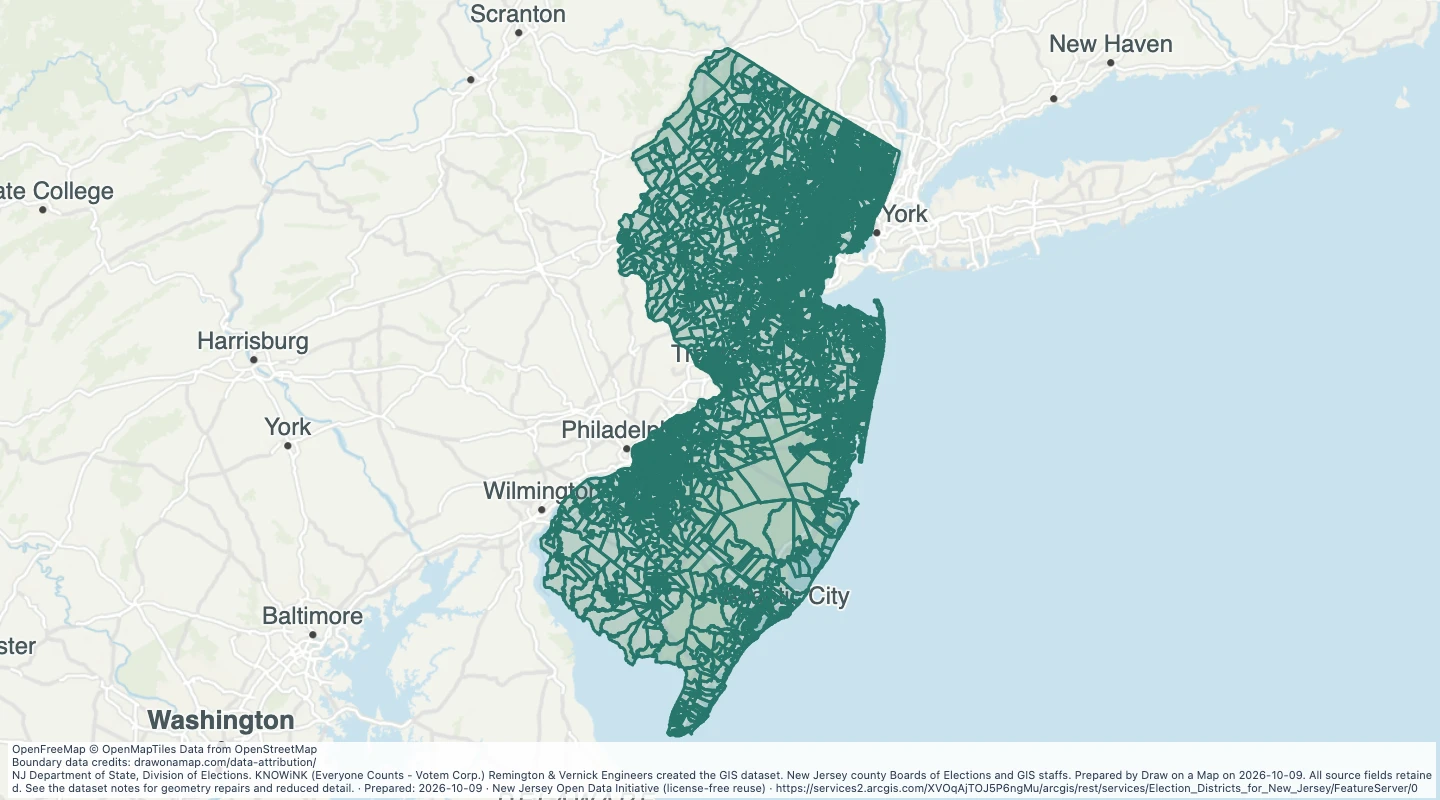 Map preview: MATURE SUPPORT - Election Districts for New Jersey: Govt admin election district