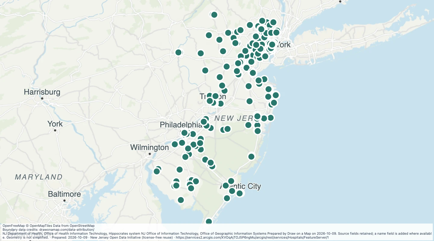 Map preview: MATURE SUPPORT - Hospitals of NJ, — New Jersey