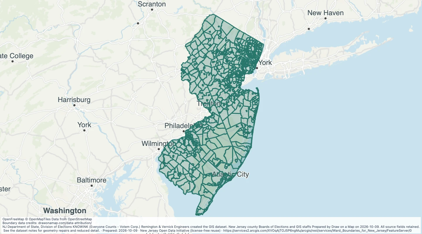 Map preview: MATURE SUPPORT - Ward Boundaries for New Jersey: Govt admin ward