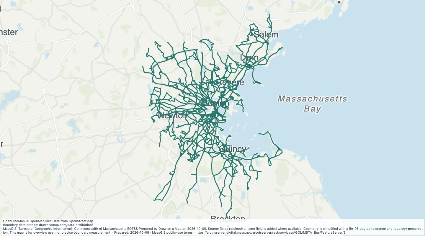 Map preview: MBTA Bus Routes in the Boston-area transit network — Massachusetts