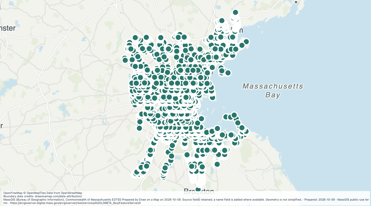 Map preview: MBTA Bus Stops in the Boston-area transit network — Massachusetts