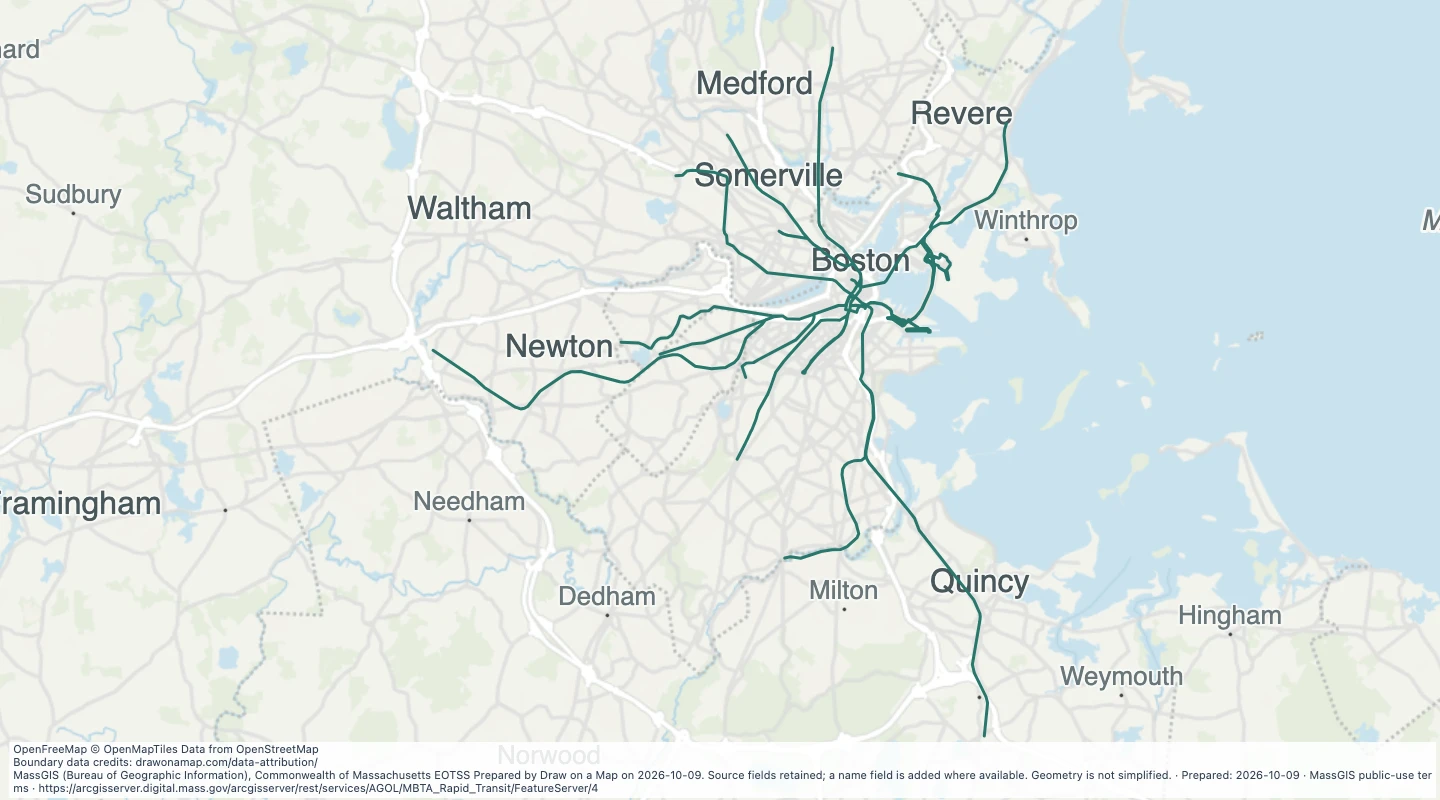 Map preview: MBTA Rapid Transit Lines in the Boston-area transit network — Massachusetts