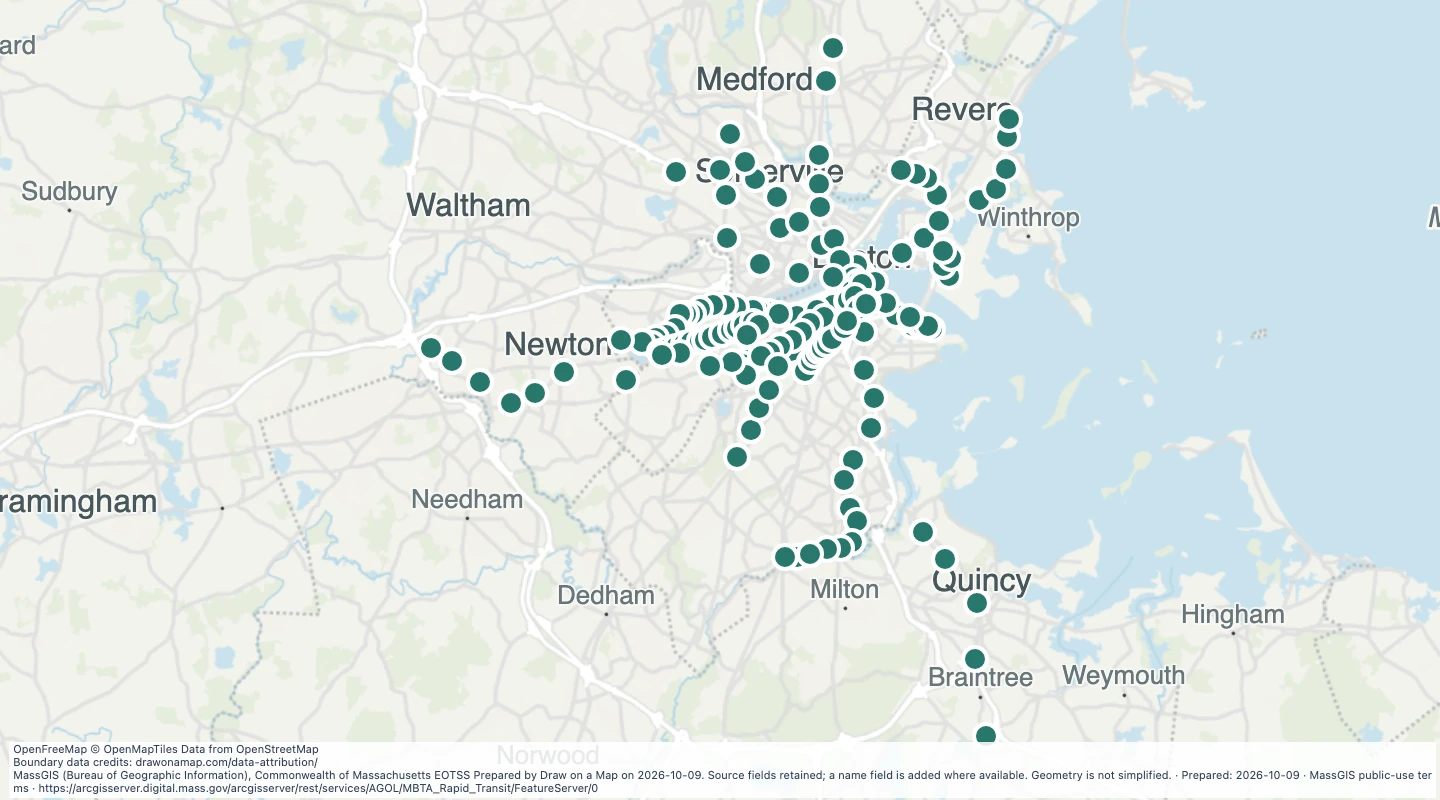 Map preview: MBTA Rapid Transit Stops in the Boston-area transit network — Massachusetts