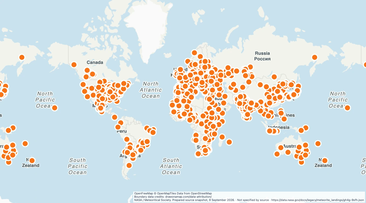 Map preview: Meteorite landings: historical sample