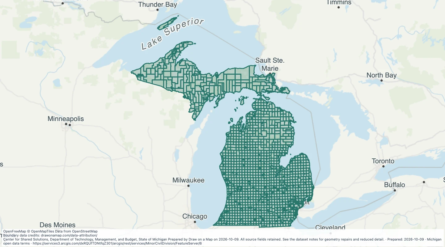 Map preview: Minor Civil Division (Cities & Townships) — Michigan