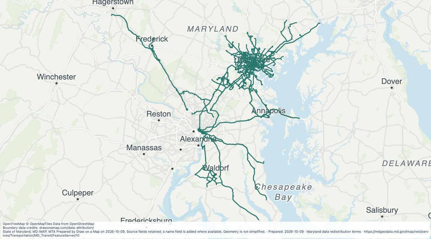 Map preview: MTA Bus Lines in the Maryland transit source collection