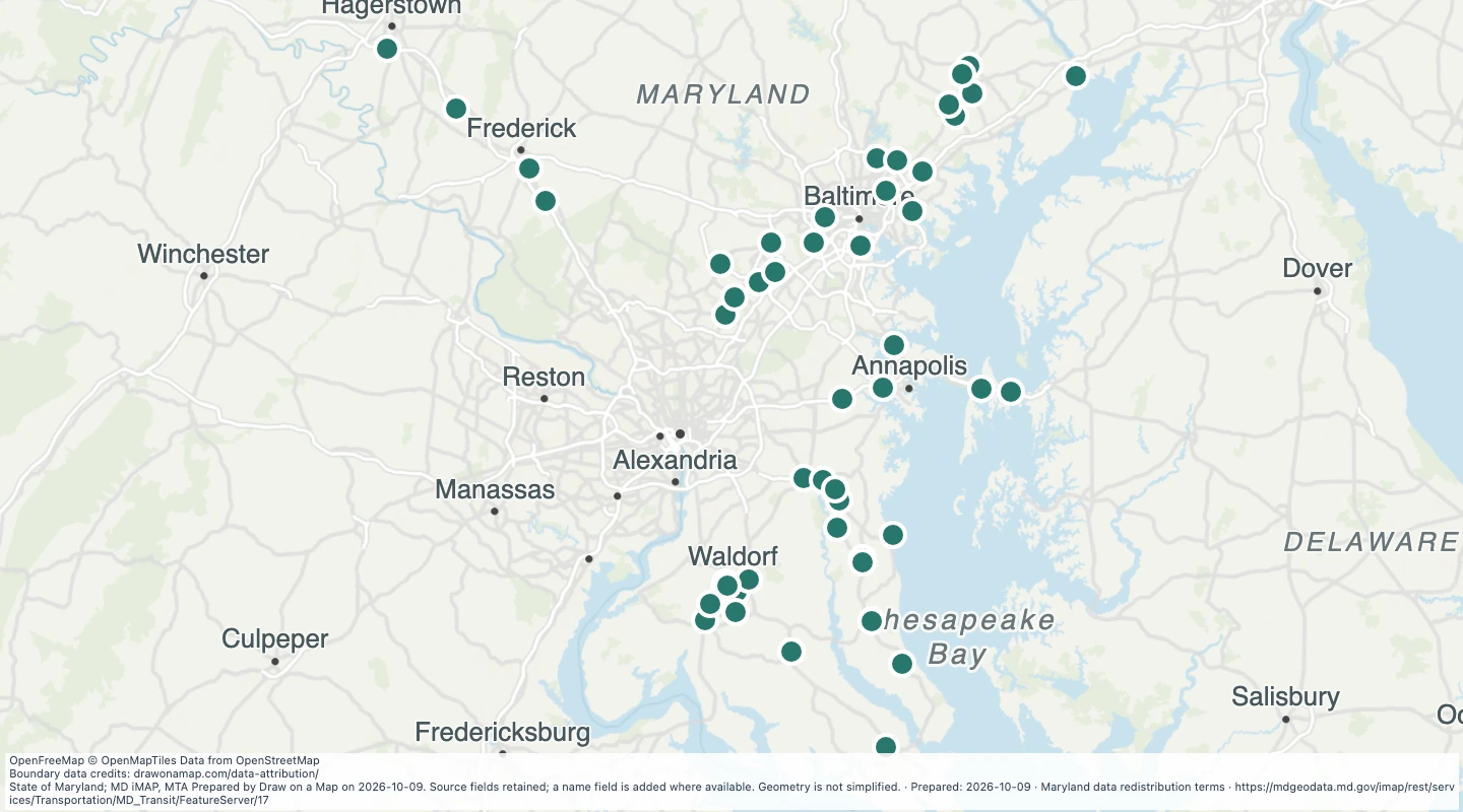 Map preview: MTA Bus Parking in the Maryland transit source collection