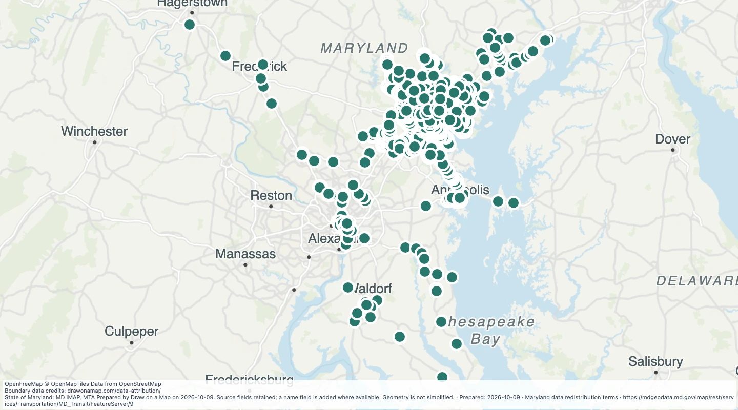 Map preview: MTA Bus Stops in the Maryland transit source collection