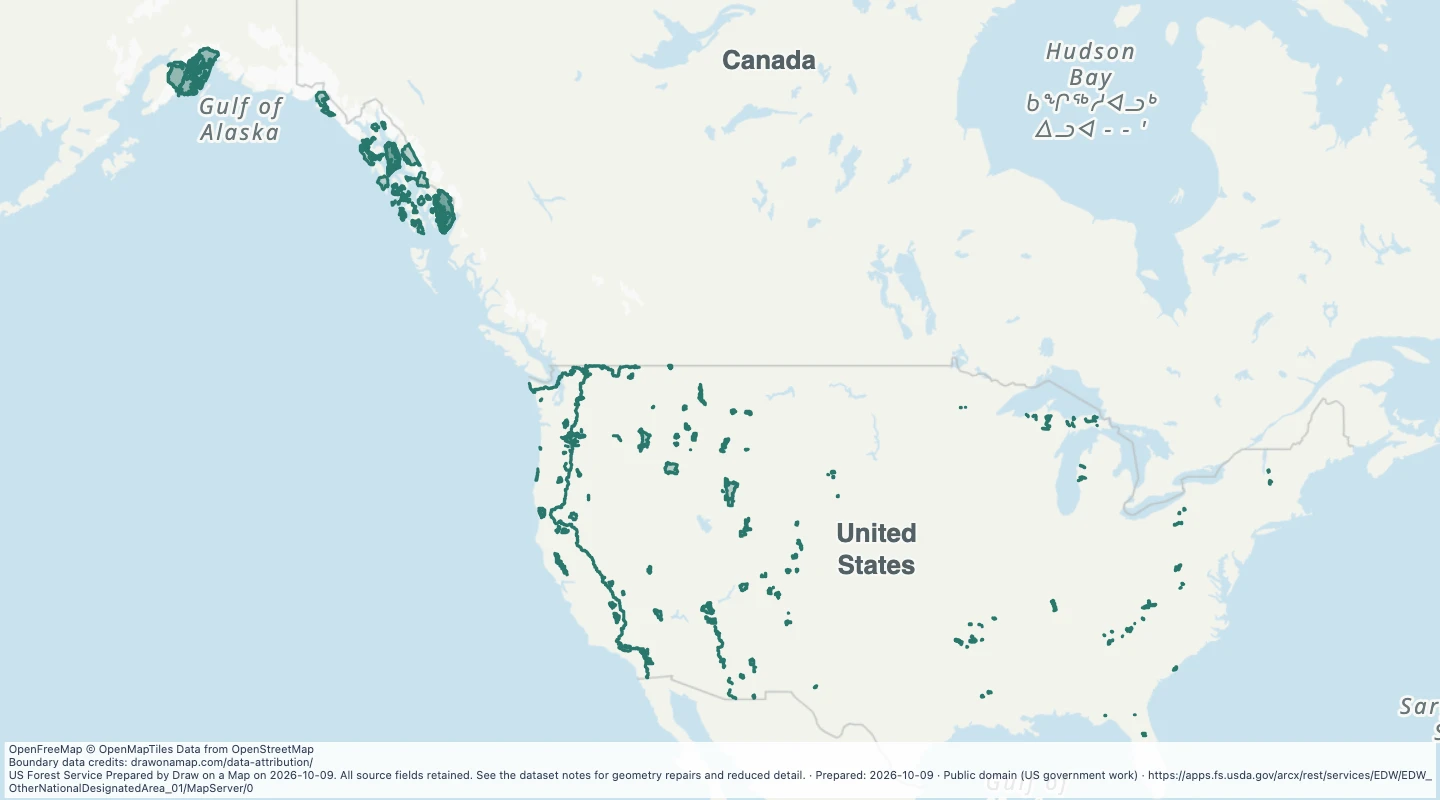 Map preview: National Forest Lands with Nationally Designated Management or Use Limitations — US Forest Service lands