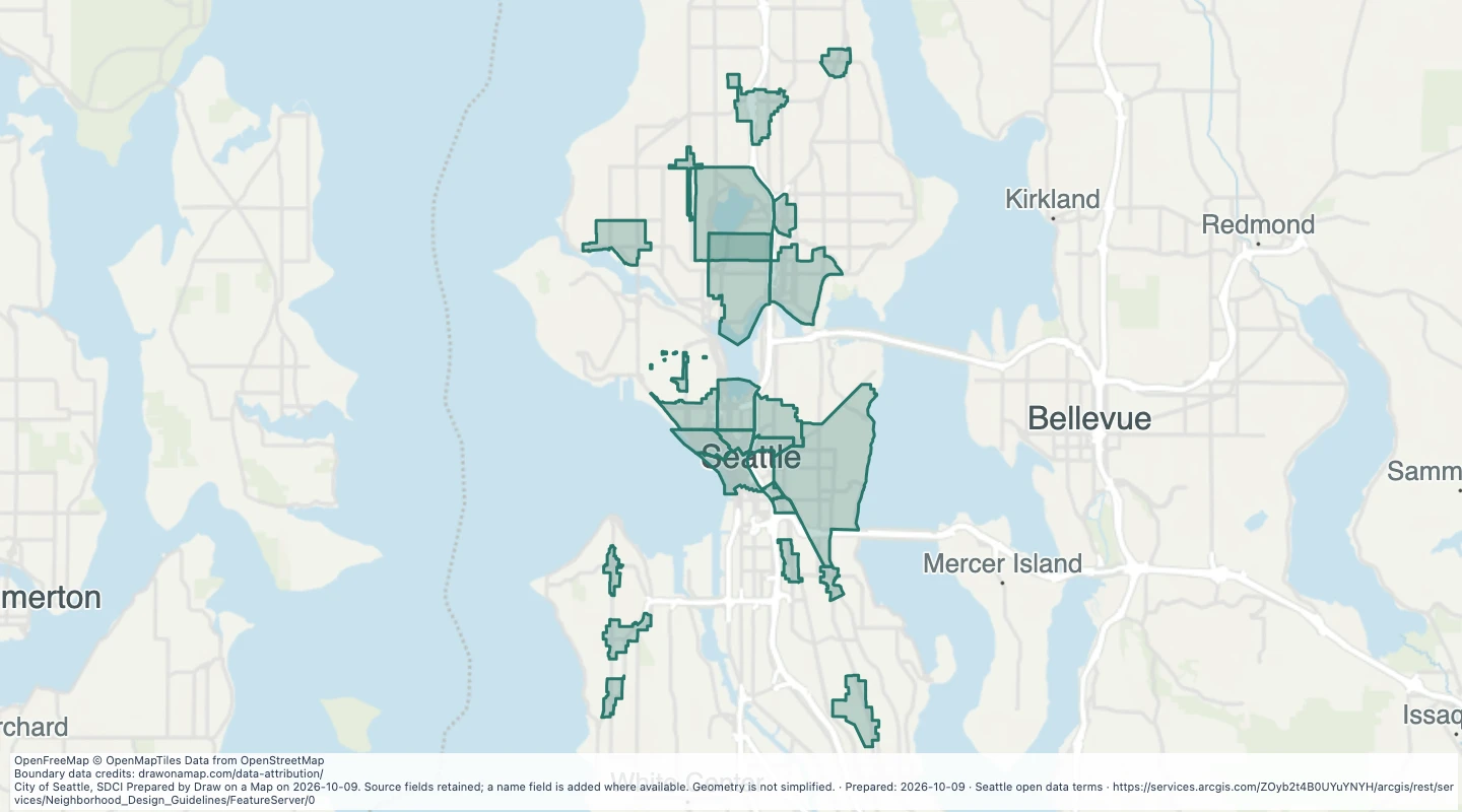 Map preview: Neighbourhood design guideline areas in Seattle