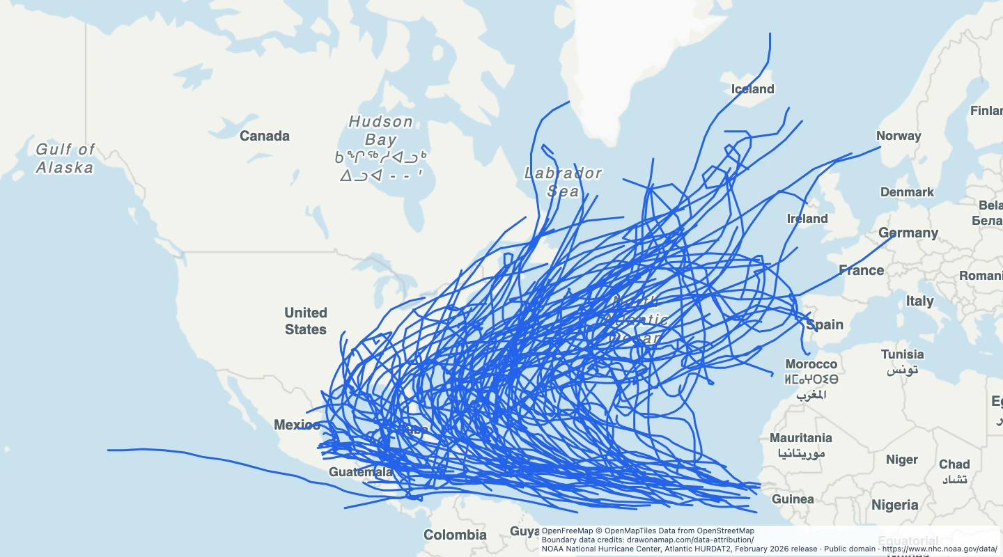 Map preview: North Atlantic hurricane tracks, 2010–2025