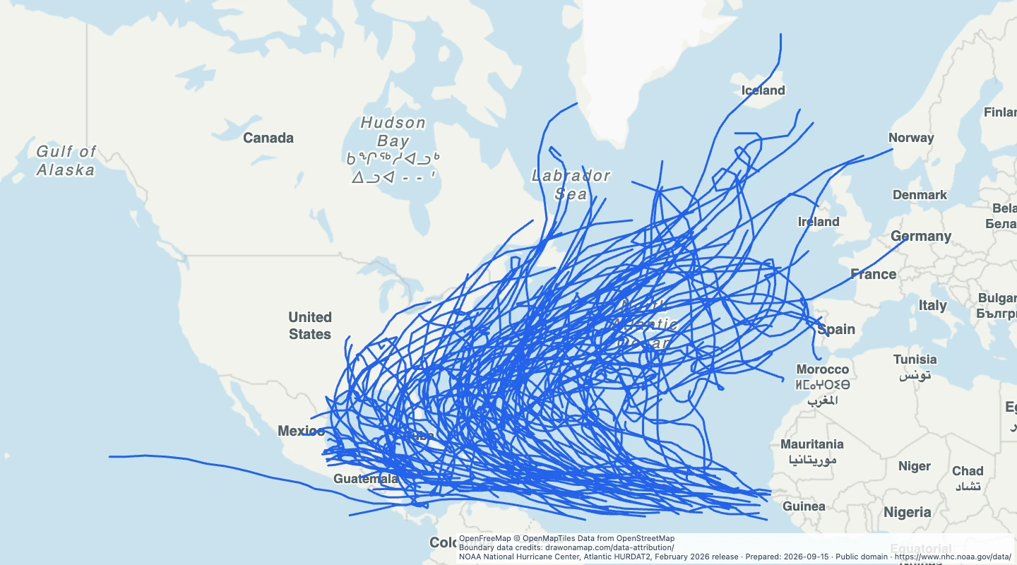 Map preview: North Atlantic hurricane tracks, 2010–2025