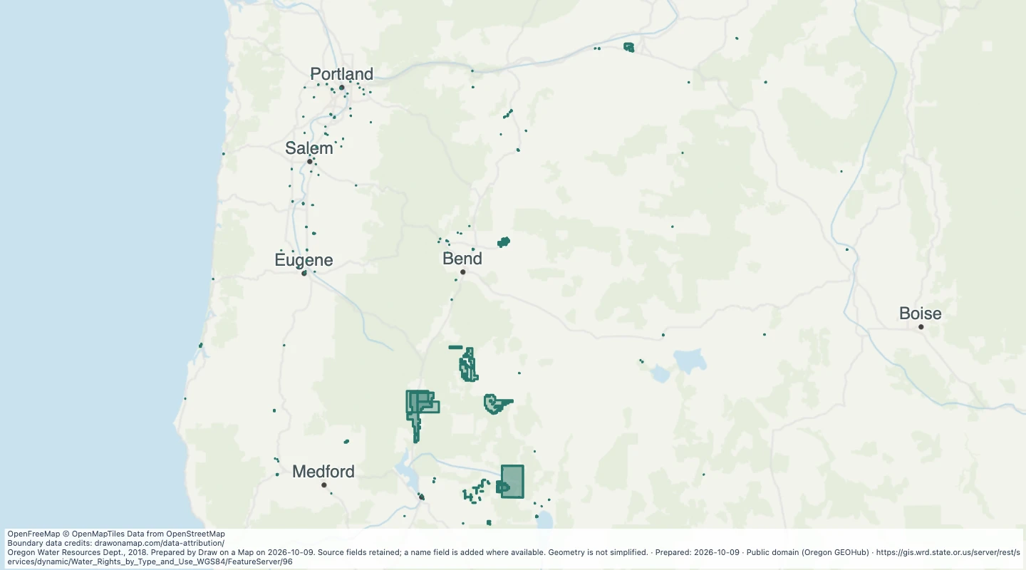 Map preview: Oregon water rights: Places of Use - groundwater, miscellaneous uses