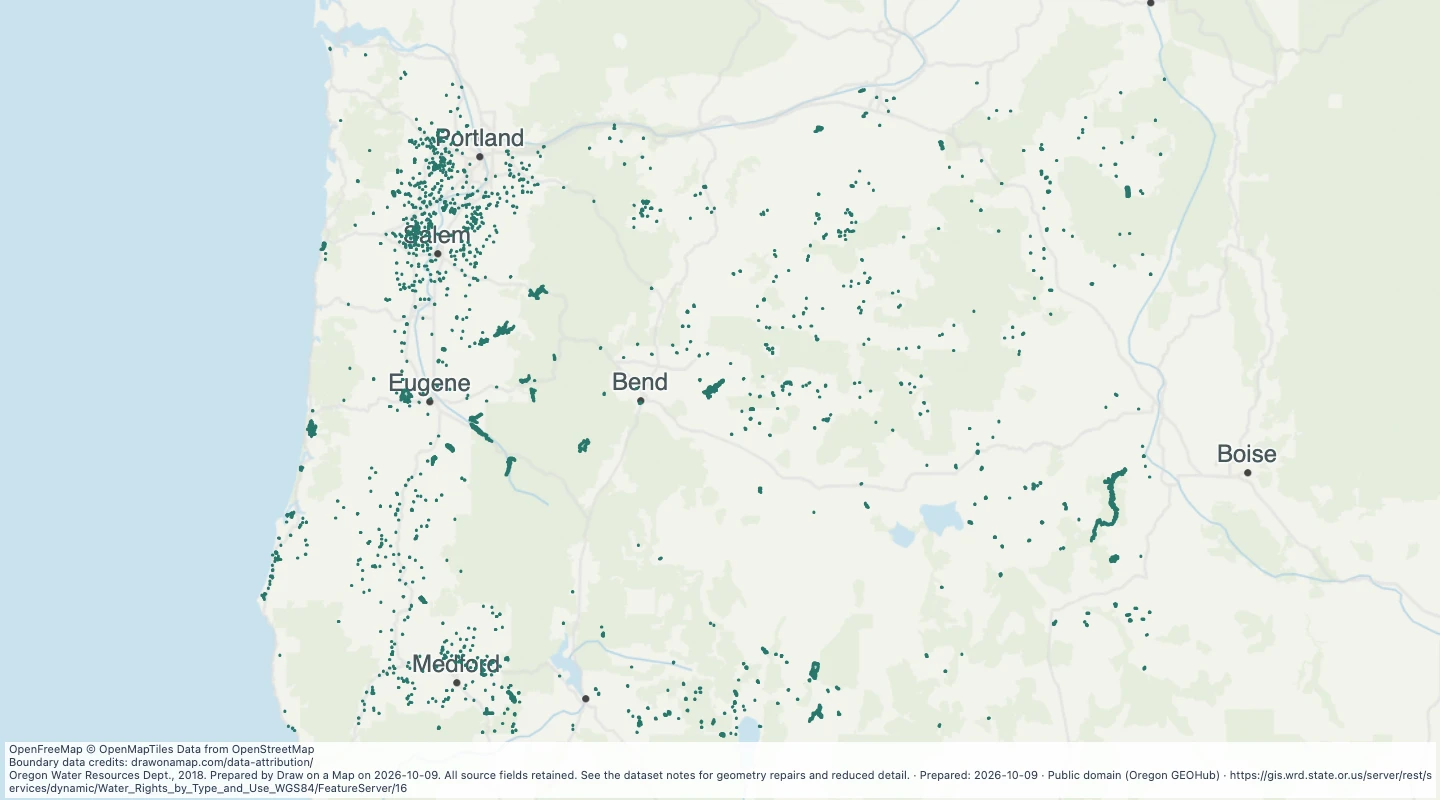 Map preview: Oregon water rights: Places of Use - storage, miscellaneous uses