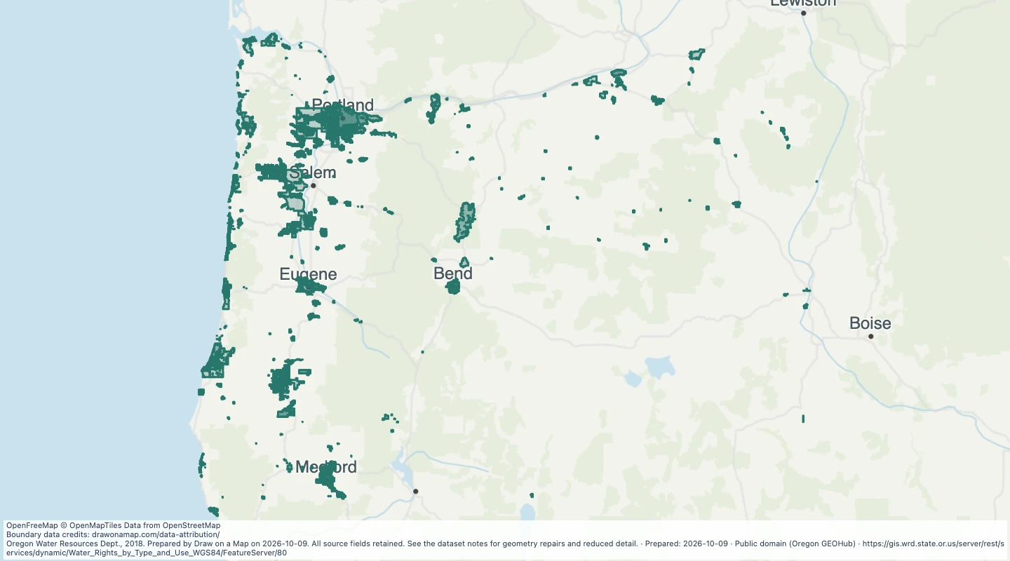 Map preview: Oregon water rights: Places of Use - surface water, Municipal