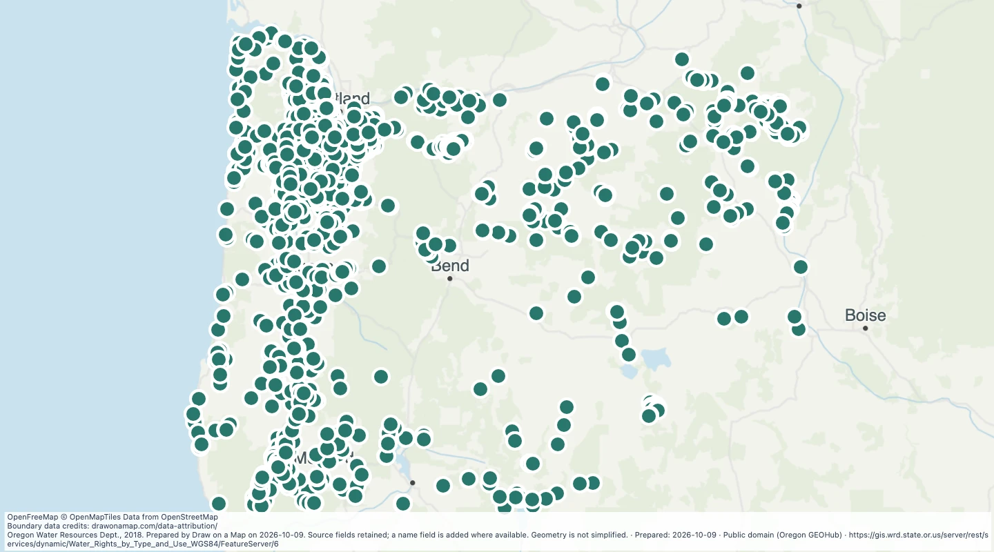 Map preview: Oregon water rights: Points of Diversion - storage, Fish