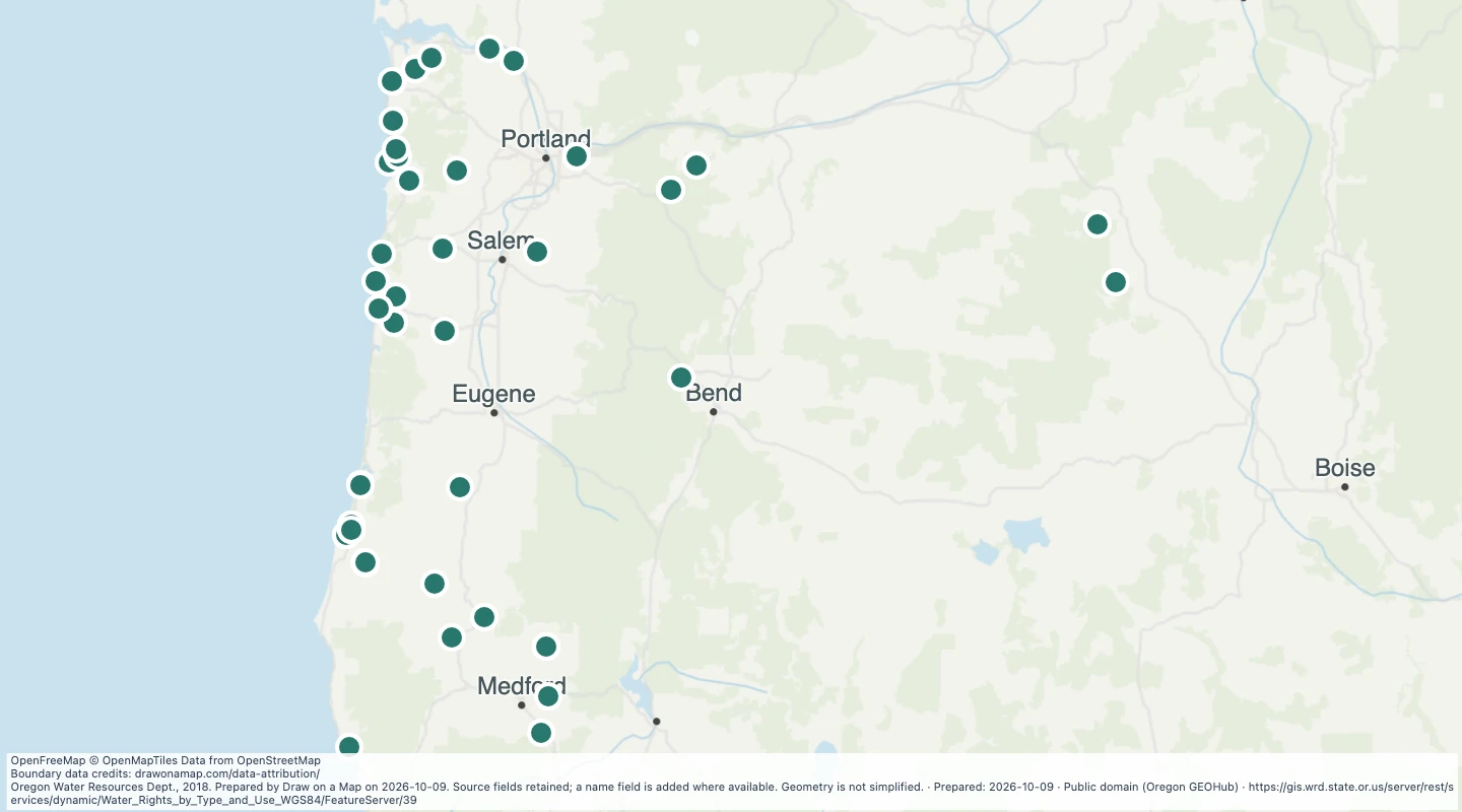 Map preview: Oregon water rights: Points of Diversion - storage, Municipal