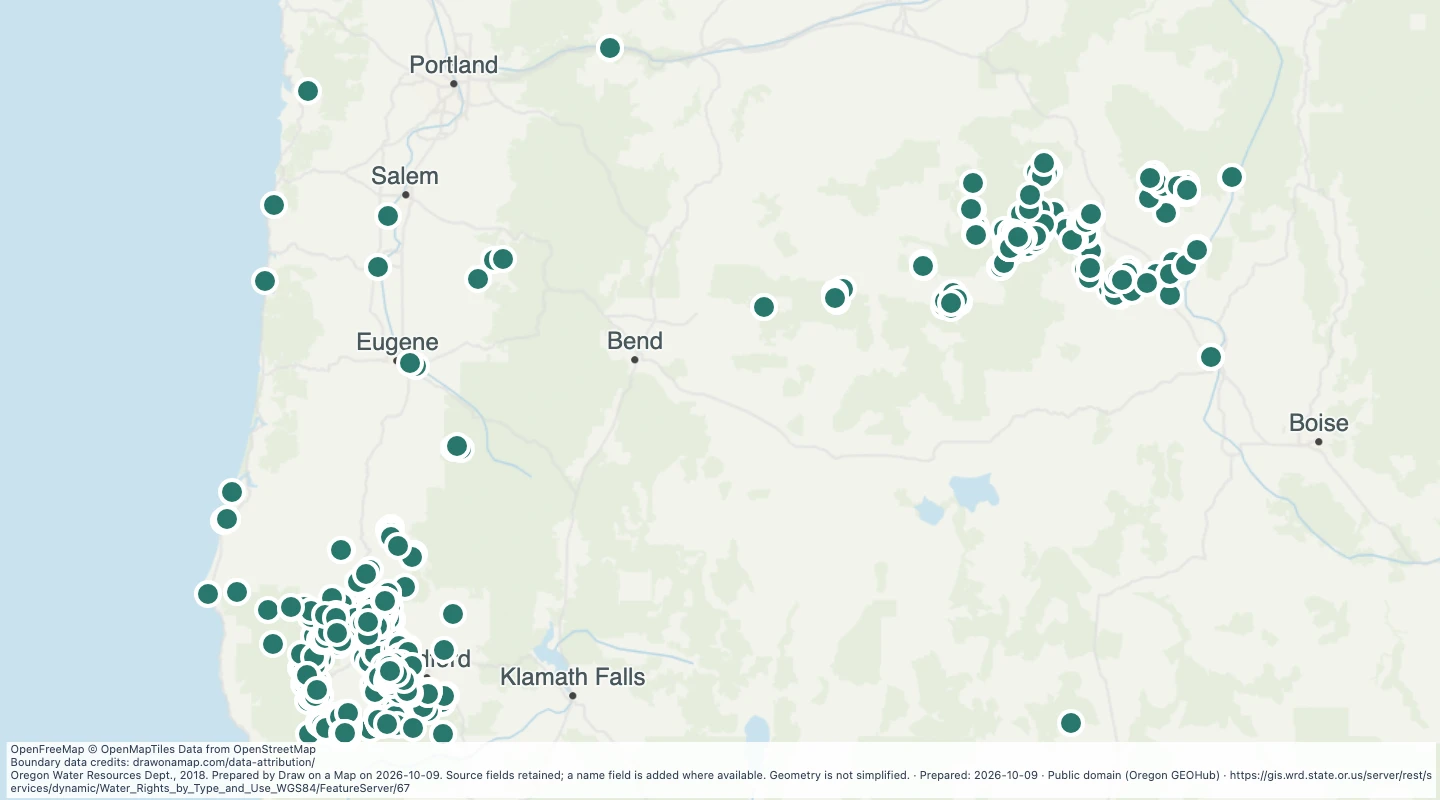 Map preview: Oregon water rights: Points of Diversion - surface water, Mining