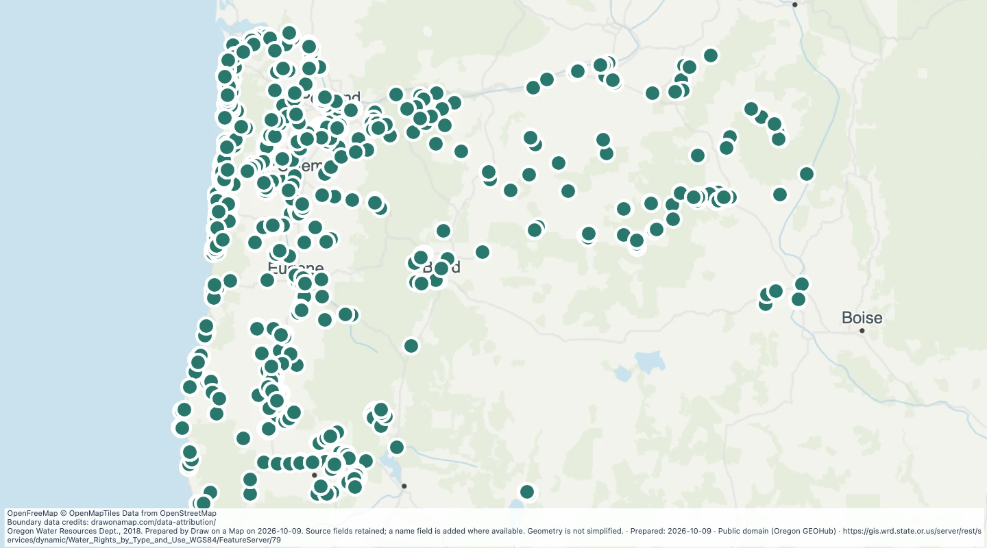 Map preview: Oregon water rights: Points of Diversion - surface water, Municipal