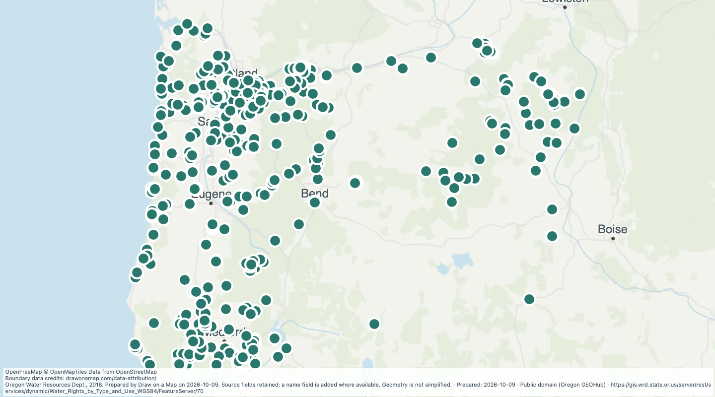 Map preview: Oregon water rights: Points of Diversion - surface water, Power