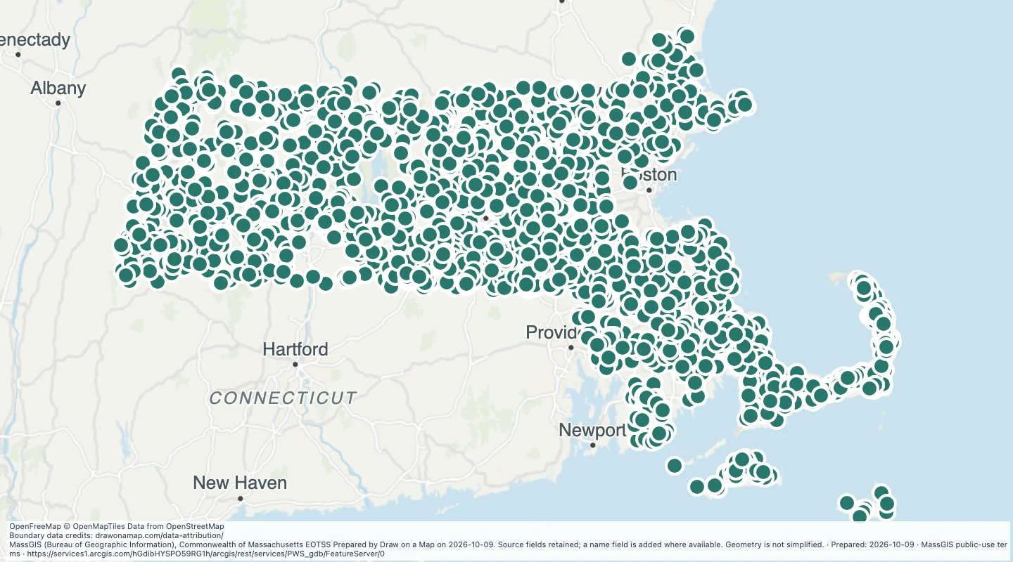 Map preview: Public water supply source locations in Massachusetts