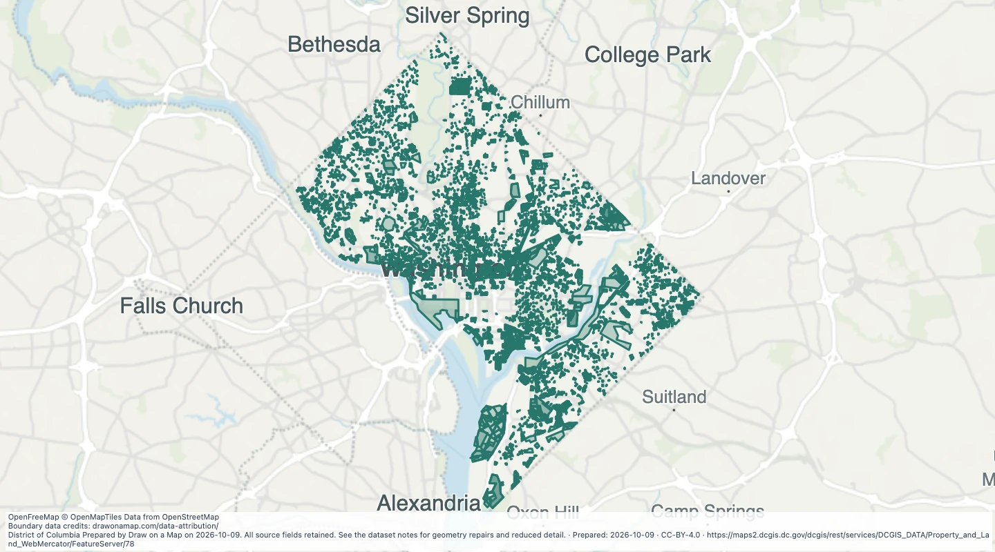 Map preview: Recorded land boundary changes in Washington, DC