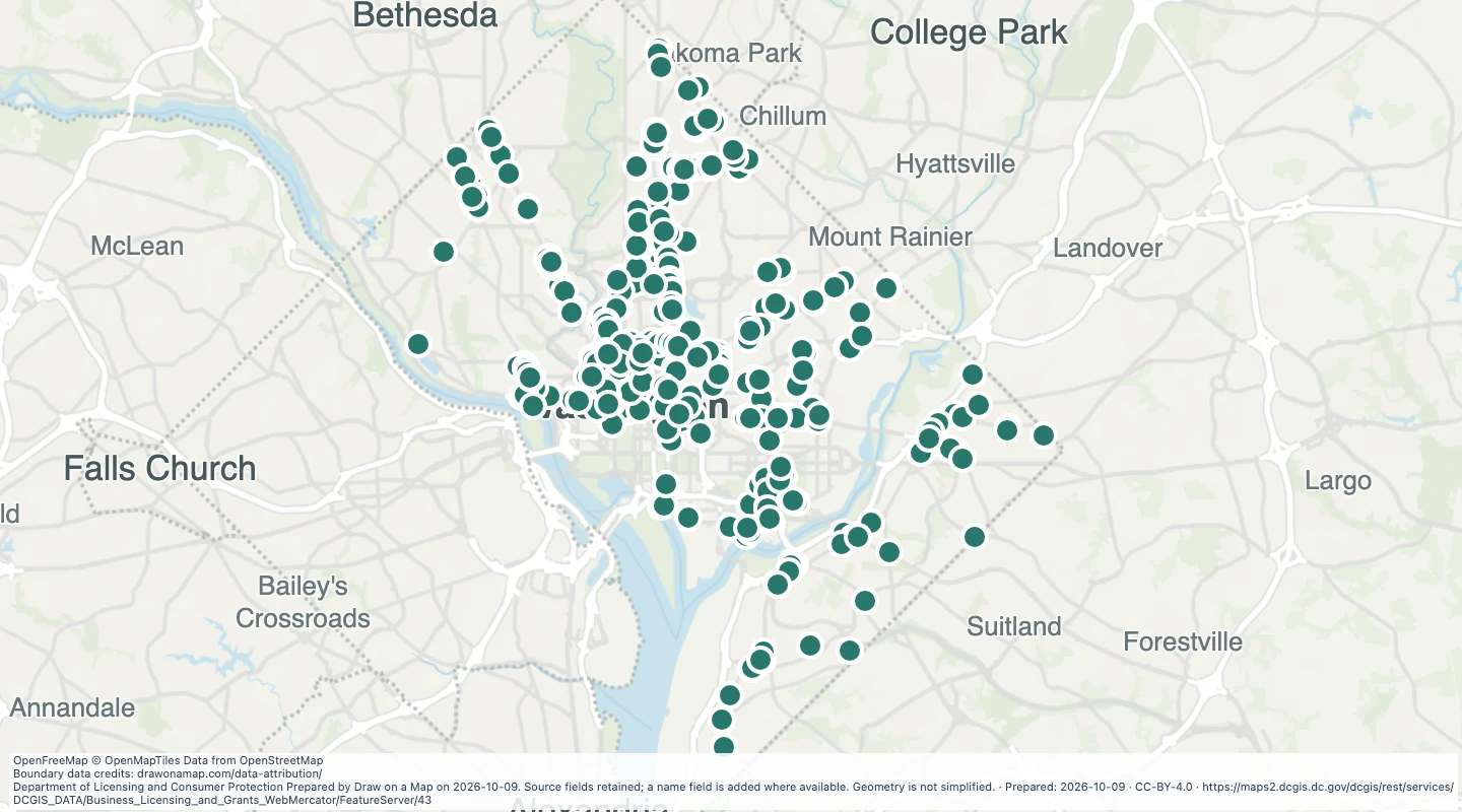 Map preview: Robust Retail small business grant locations in Washington, DC