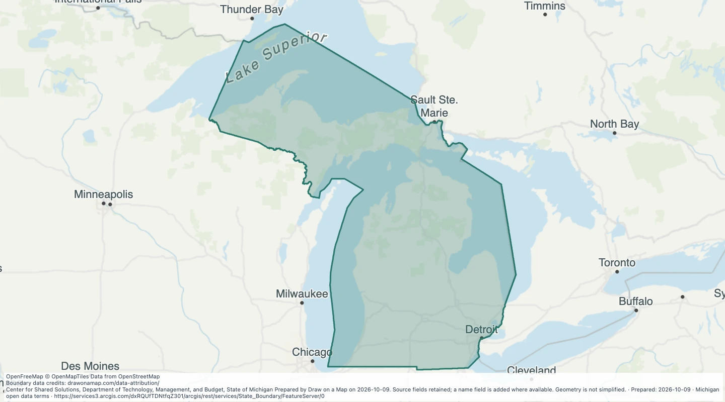 Map preview: State of Michigan Boundary: State Boundary