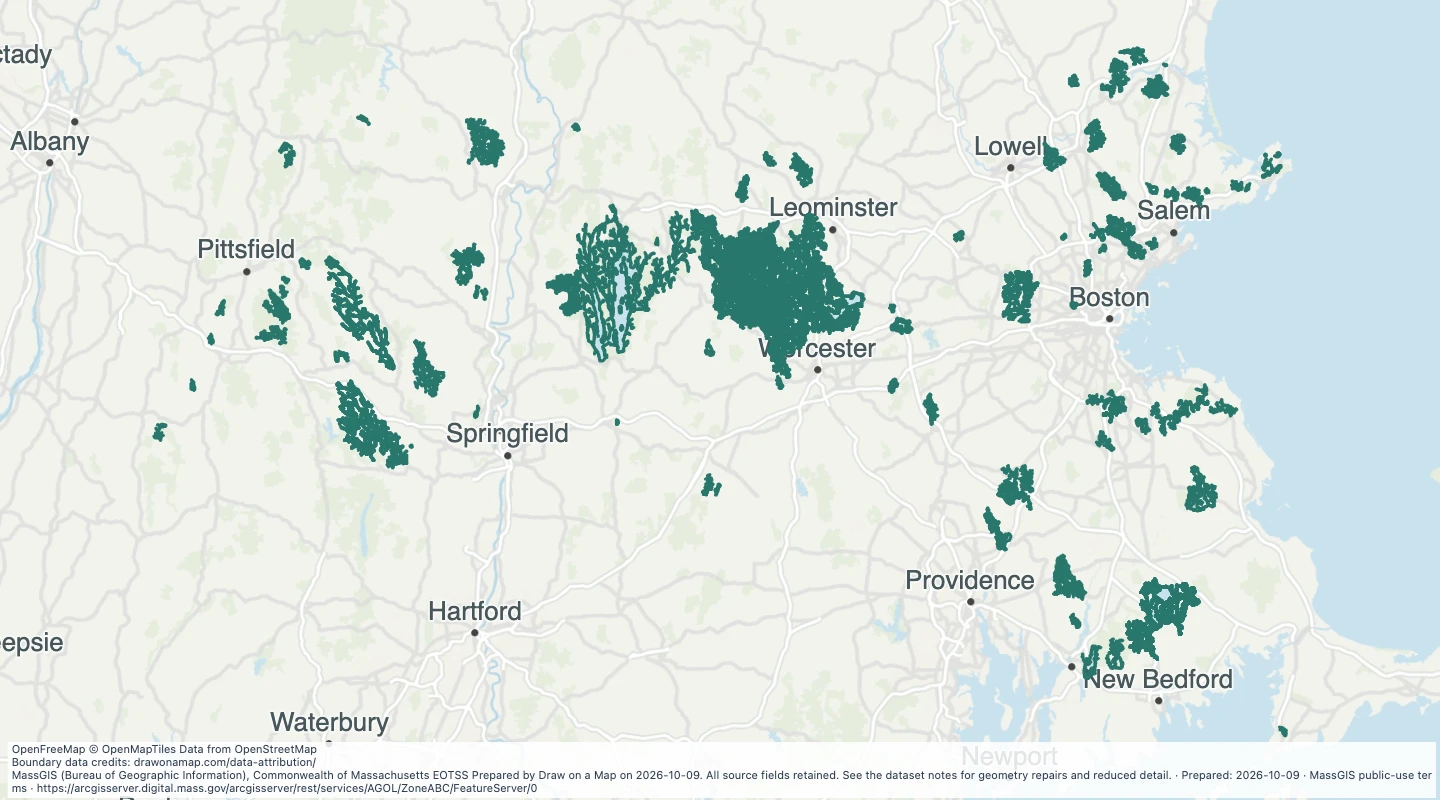 Map preview: Surface Water Supply Protection Areas (ZONE A, B, C): Surface Water Protection Areas - Zone A — Massachusetts