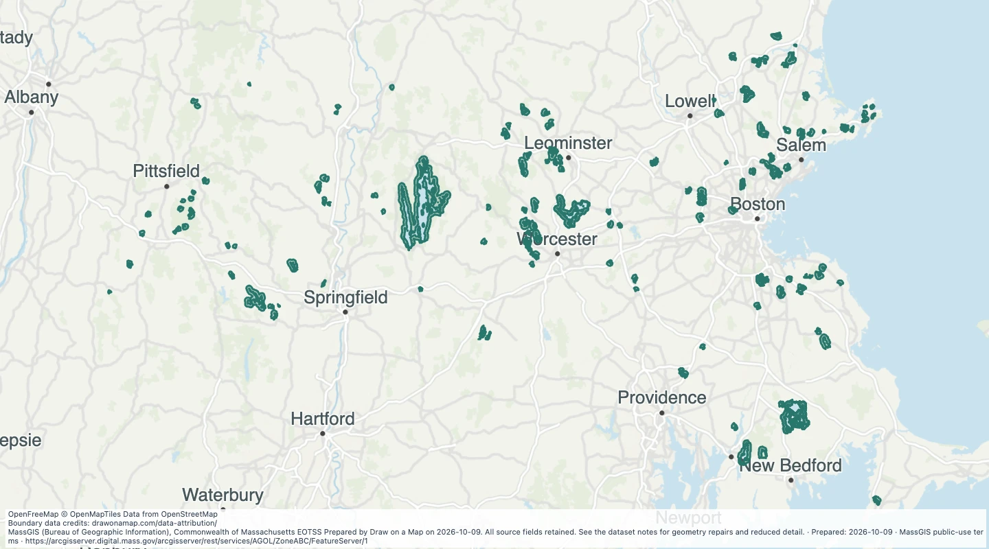 Map preview: Surface Water Supply Protection Areas (ZONE A, B, C): Surface Water Protection Areas - Zone B — Massachusetts