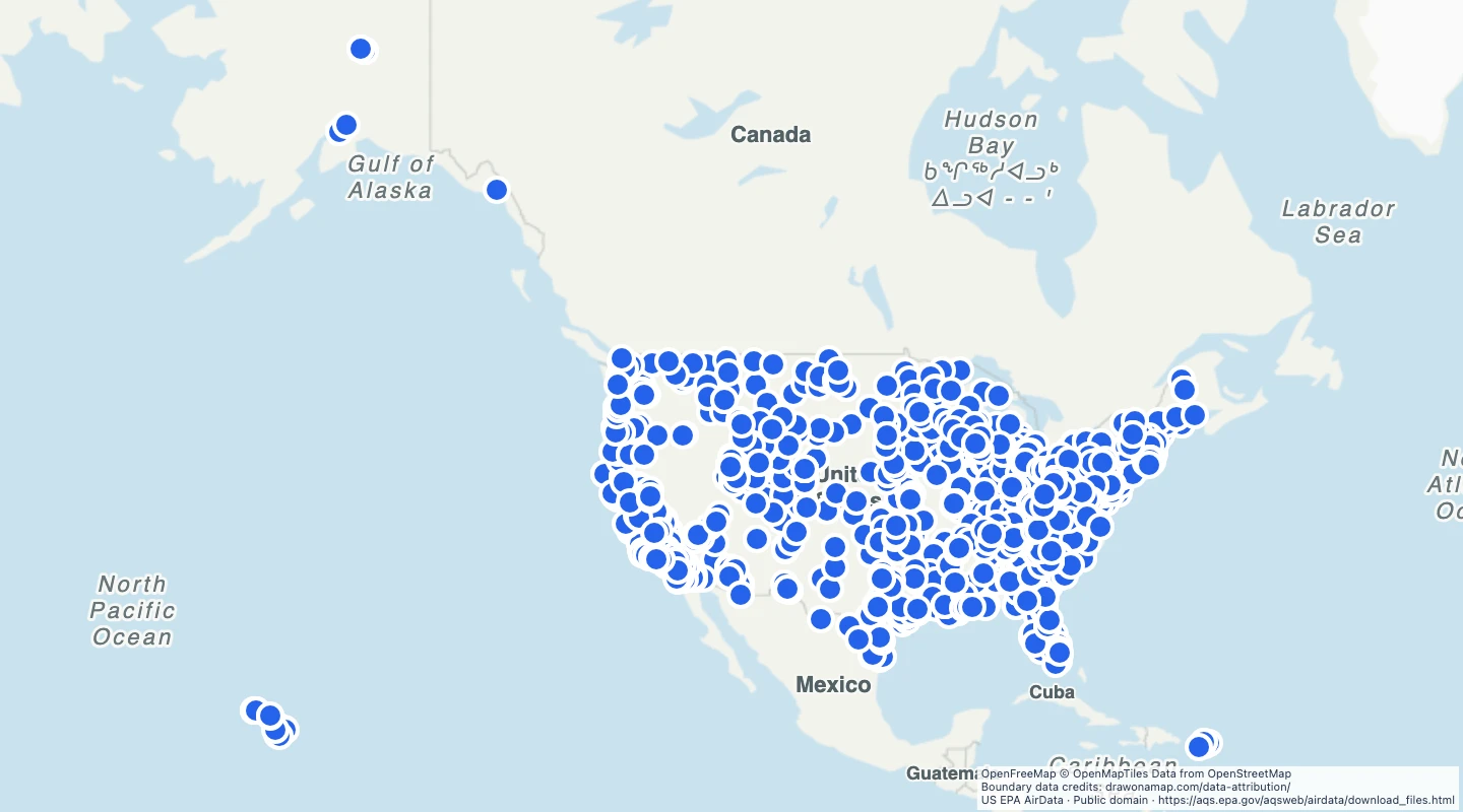 Map preview: US annual PM2.5 at monitors, 2025