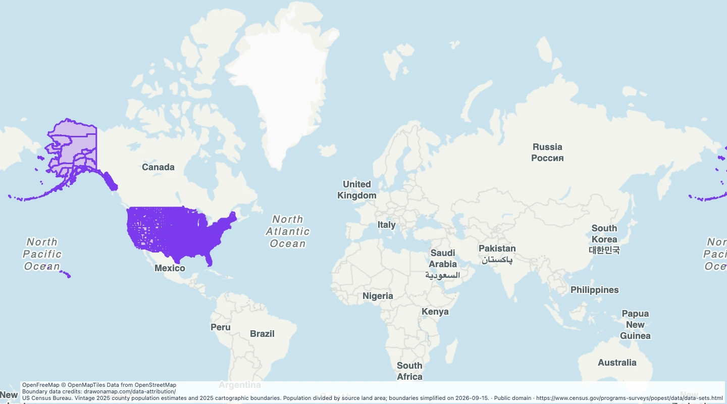 Map preview: US county population density, 2025