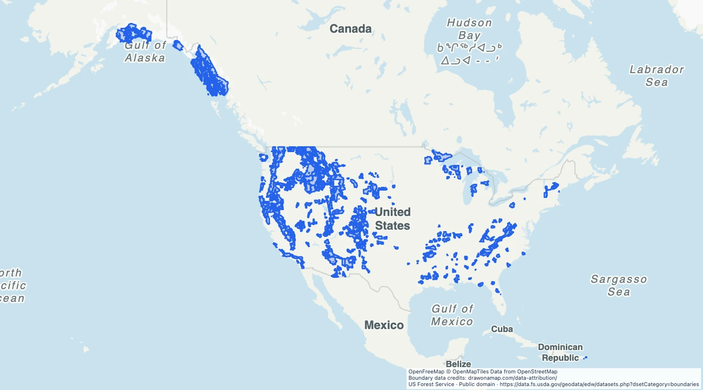 Map preview: US national forest administrative boundaries
