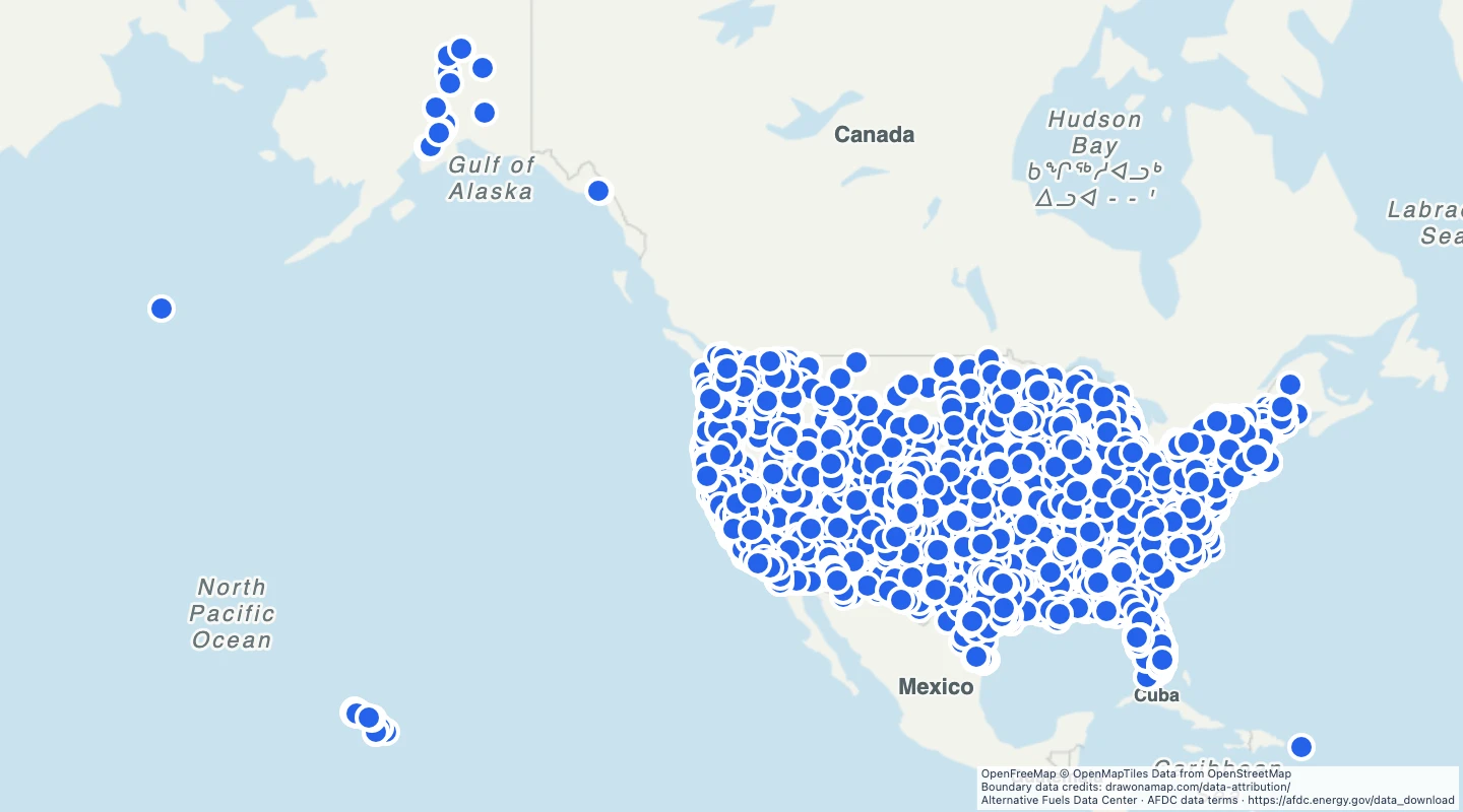 Map preview: US public EV fast charging stations