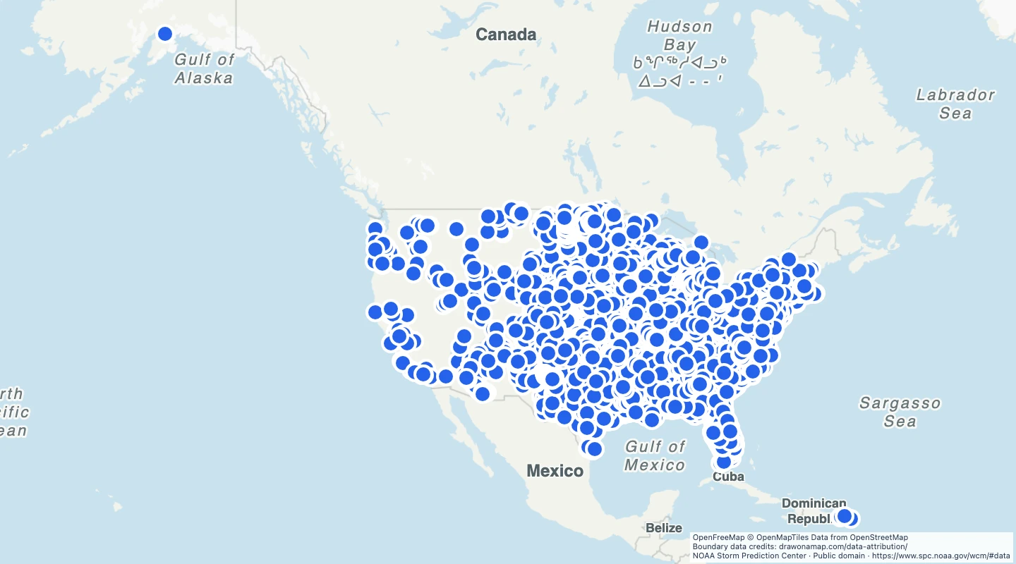 Map preview: US tornado start locations, 2020–2025