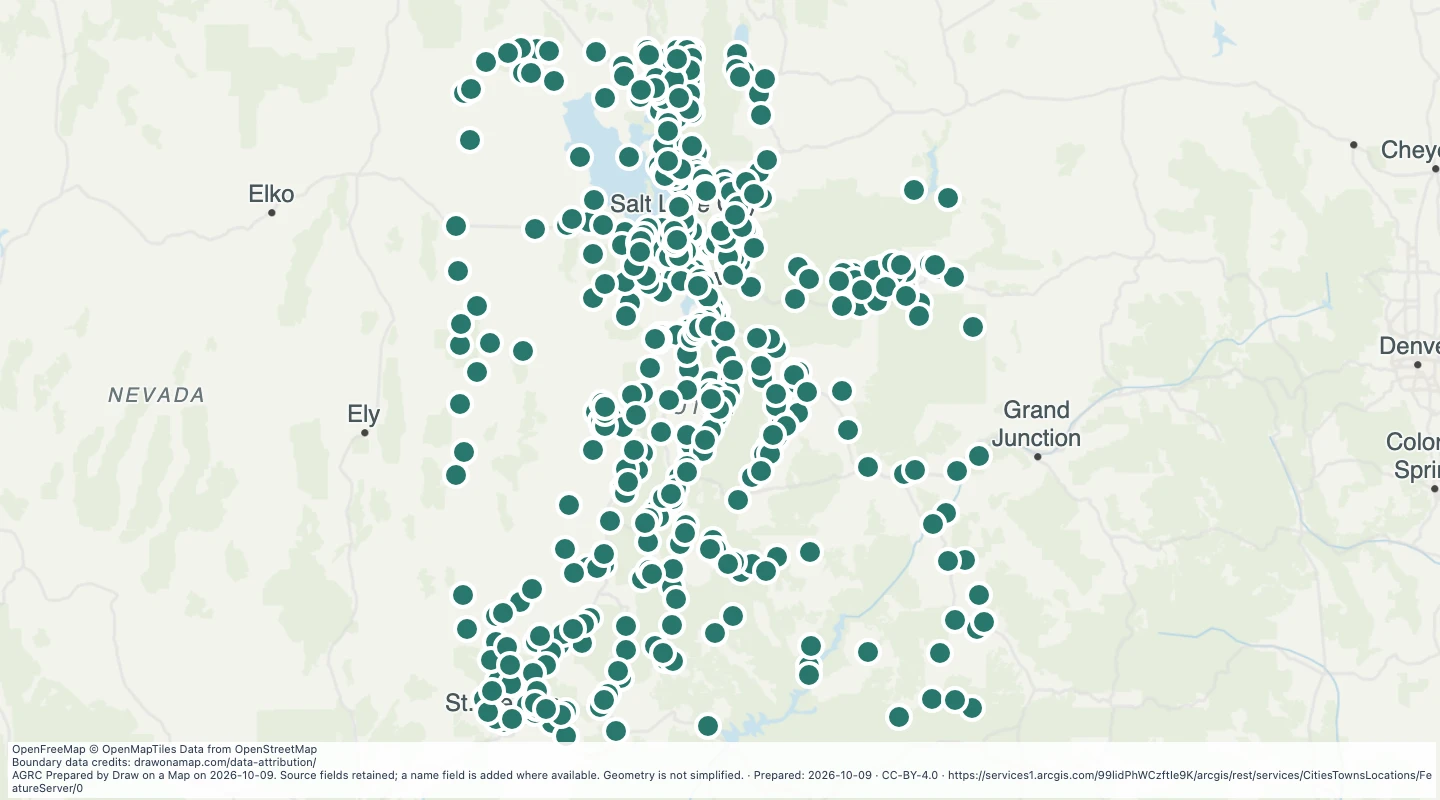 Map preview: Utah City and Town Locations: Cities Towns Locations