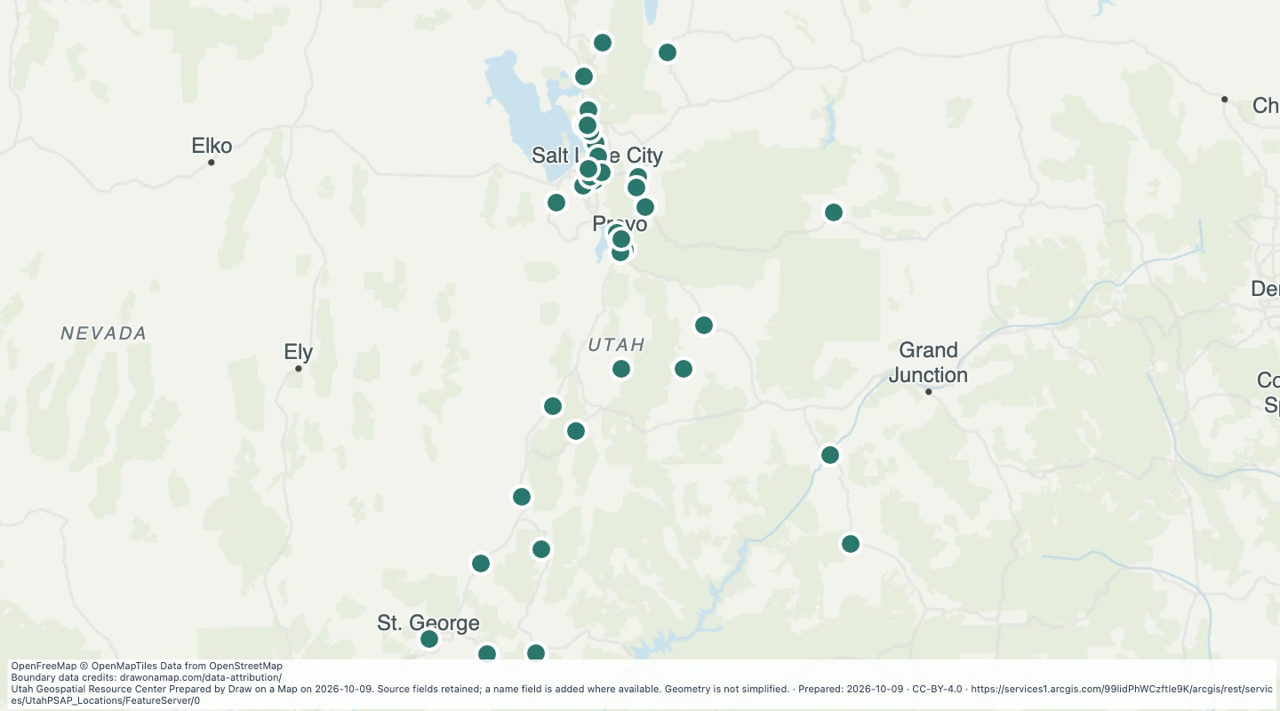 Map preview: Utah Public Safety Answering Point Locations: PSAPLocations