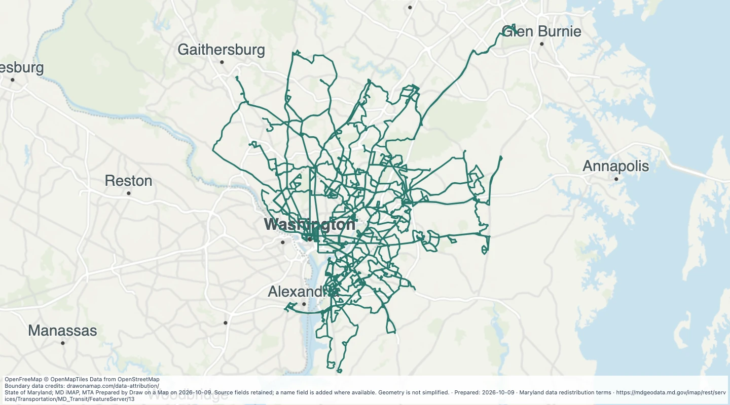 Map preview: WMATA Metro Bus Lines in the Maryland transit source collection