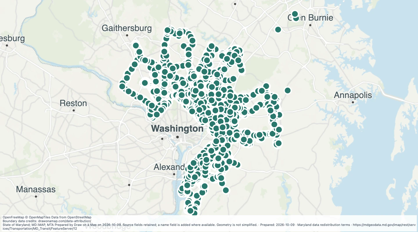 Map preview: WMATA Metro Bus Stops in the Maryland transit source collection