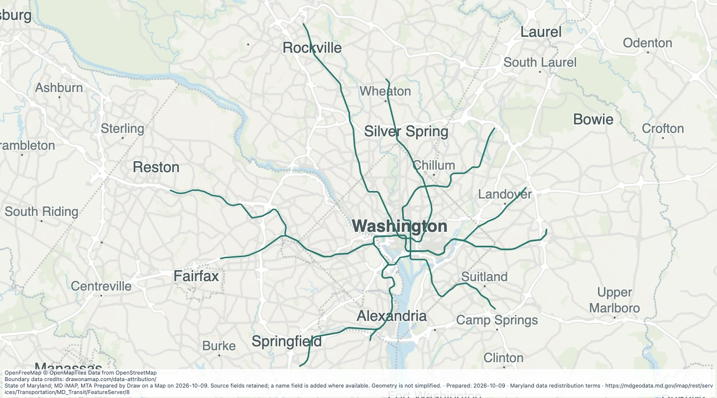 Map preview: WMATA Metro Lines in the Maryland transit source collection