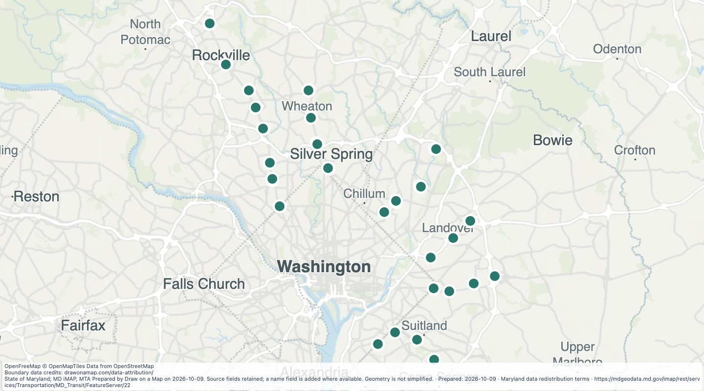 Map preview: WMATA Metro Station Entrances in the Maryland transit source collection