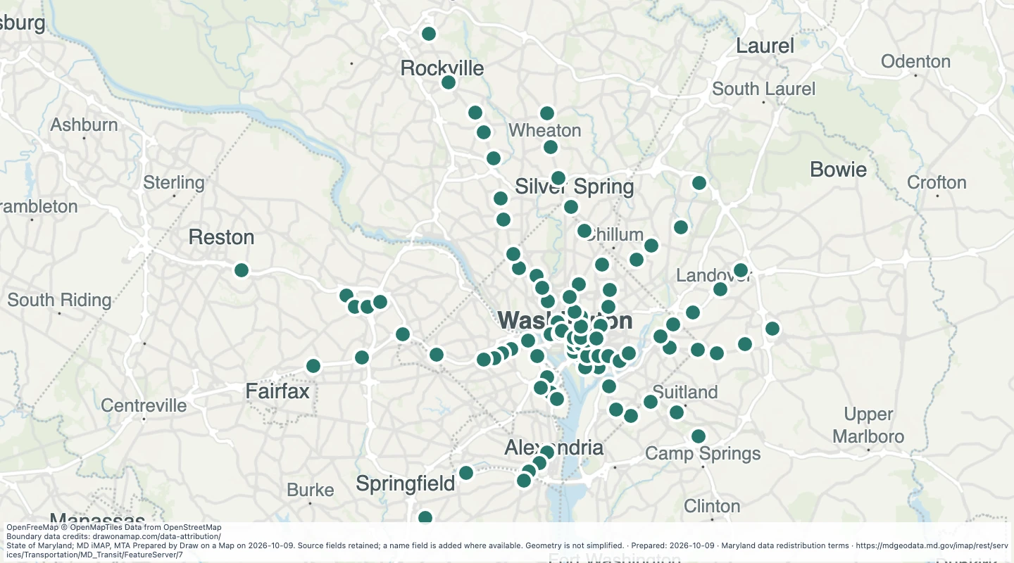 Map preview: WMATA Metro Stops in the Maryland transit source collection